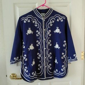 Ladies Caro Honolulu Embroidered Blouse Navy White Size 12 Vintage 60s 70s